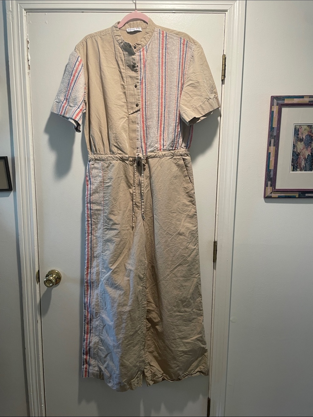 Rejina Pyo Beige Jumpsuit with Red and Blue Stripe Panels Wide Leg